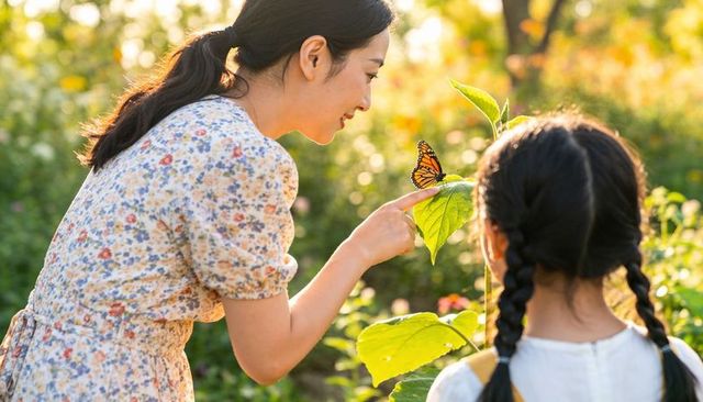 Mother pointing at monarch butterfly on leaf while daughter watches in sunlit garden