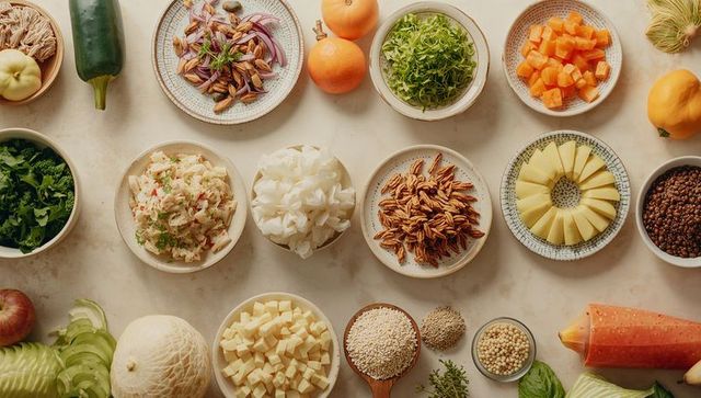Assorted Fresh Produce and Ingredients in Ceramic Bowls