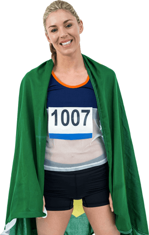 Female Athlete Wrapped in Brazilian Flag Smiling Confidently