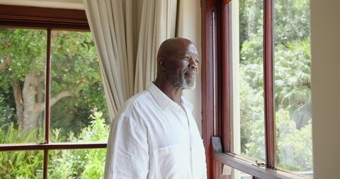 Senior Man Peacefully Gazing Out Window Amid Natural Surroundings