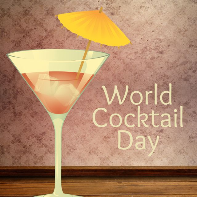 Graphic features a cocktail in a glass with a yellow umbrella and ice cubes, perfect for promoting World Cocktail Day. Suitable for event invitations, social media posts, bar promotions, and mixology classes. Adds a festive and celebratory touch to marketing materials for drink-related events.