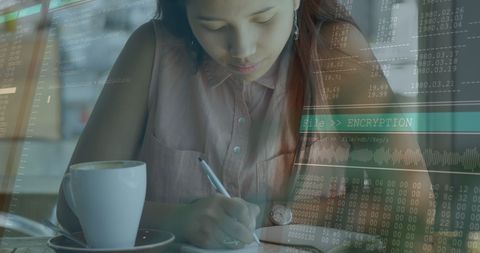 Woman Writing with Digital Encryption Overlay Concept