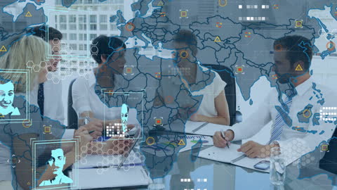 Global Business Team Discussing Technology with Digital Overlay