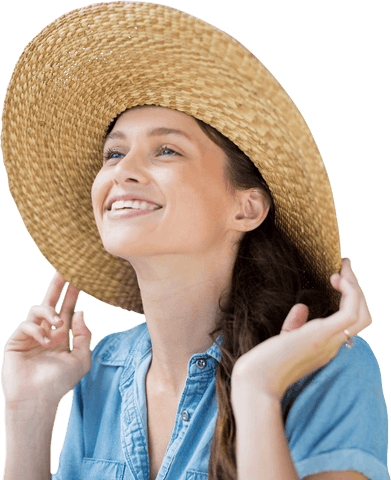 Joyful Caucasian Woman Relaxing in Straw Hat on Transparent Background
