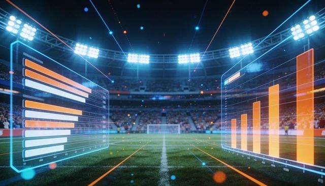 Holographic sports analytics displaying live data over soccer field in night stadium