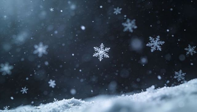 Macro snowflake falling over fresh snow mound at night with bokeh frost and ice crystals