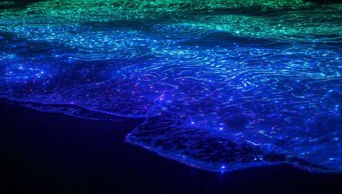 Bioluminescent Surf Glowing Cyan and Green Along Night Beach, Shimmering Luminous Ripples
