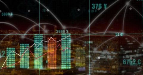 Futuristic Financial Analysis Over Urban Skyline at Night
