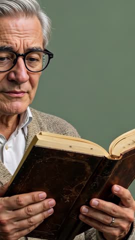 Vertical portrait of senior man reading leather-bound book, turning pages, reflecting
