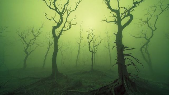 Gnarled trees rising through green mist swamp revealing exposed roots