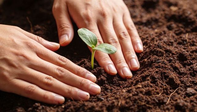 Hands pressing soil around small seedling planting and nurturing new growth in garden