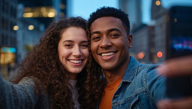 Smiling couple taking selfie in urban dusk with bokeh streetlights and cozy outerwear