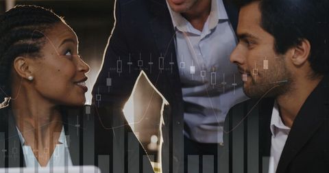 Diverse Business Professionals Collaborating with Data Graphics Overlay