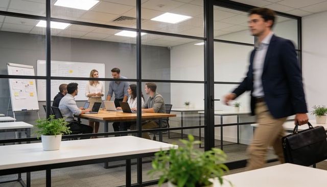 Team meeting behind glass partition in modern office reviewing plans with laptops and whiteboard