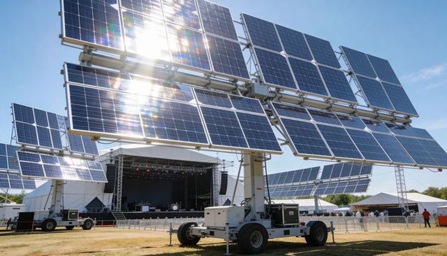 Mobile solar array powering outdoor festival stage with crew and audience
