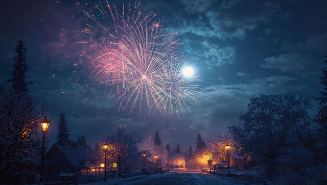 Vibrant Fireworks Over Snowy Village by Moonlight