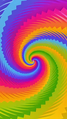 Vertical loop featuring rotating jagged rainbow spiral, psychedelic neon vortex animation