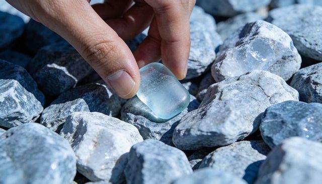 Hand picking aqua sea glass on sunlit gray tumbled stones macro closeup turquoise texture shimmer