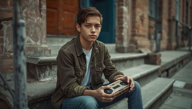 Teenage boy in urban setting with vintage cassette player