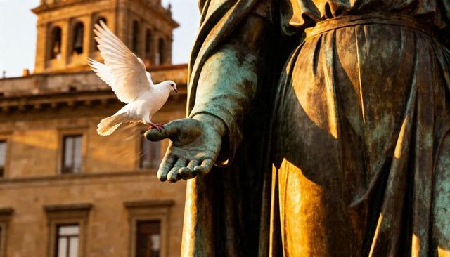 White dove landing on outstretched hand of bronze statue glowing in golden light