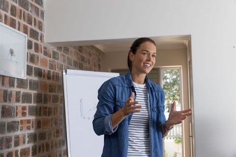 Confident woman presenting data during meeting