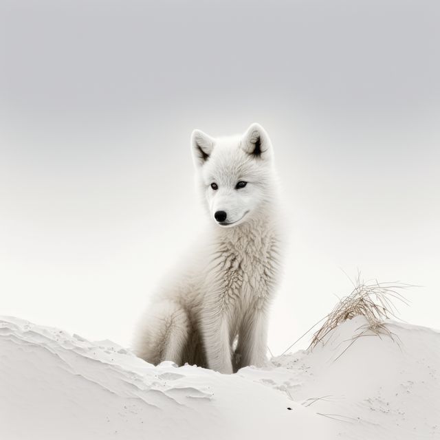 Arctic fox pup sitting in a snowy landscape with white fur blending into the background, emphasizing the beauty and adaptability of wildlife in cold environments. Perfect for wildlife conservation campaigns, educational materials on arctic habitats, and seasonal greeting cards.