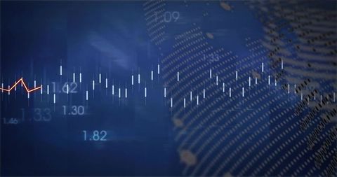 Displaying candlestick trading chart on digital dashboard with global dotted grid overlay