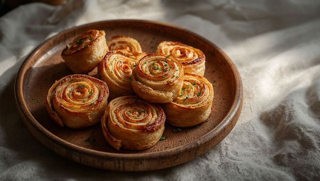 Golden Puff Pastry Pinwheels on Rustic Wooden Plate with Parsley Garnish