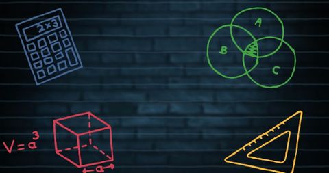 Colorful chalk drawings of mathematics on school chalkboard