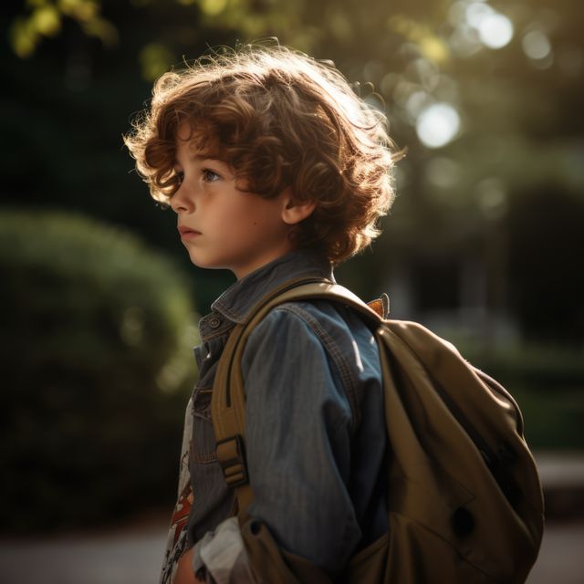 Profile of caucasian schoolboy in sunny street, created using generative ai technology. Back to school, learning and education concept digitally generated image.