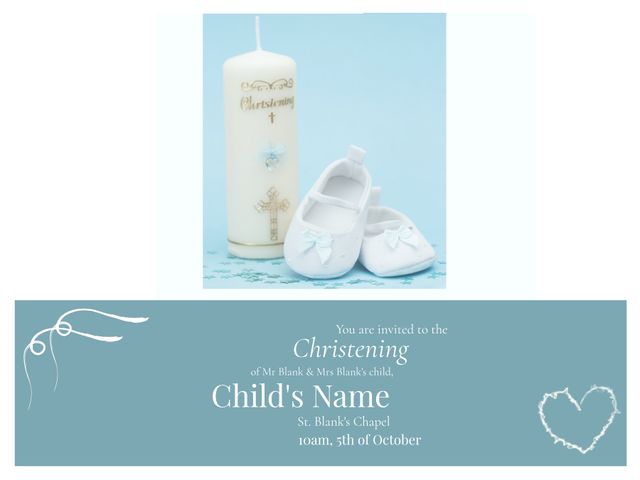 Christening Invitation Card with Candle and Shoes on Blue Background - Download Free Stock Templates Pikwizard.com