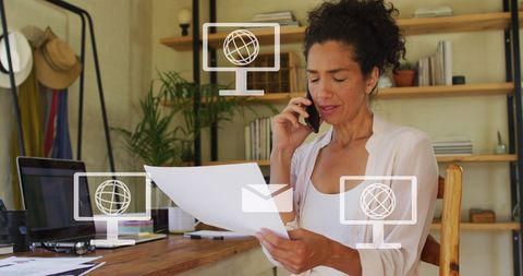 Relaxed Businesswoman Using tech in Modern Office Environment
