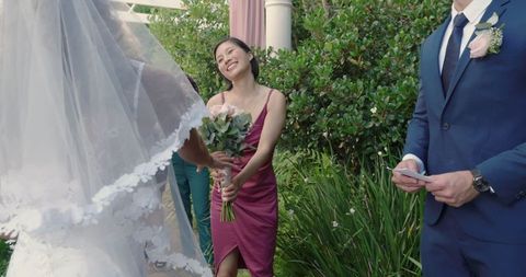 Outdoor Wedding Ceremony with Delighted Exotic Bridesmaid and Formal Attire