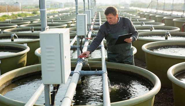 Inspecting hatchery tanks and turning valve while monitoring pvc piping with clipboard