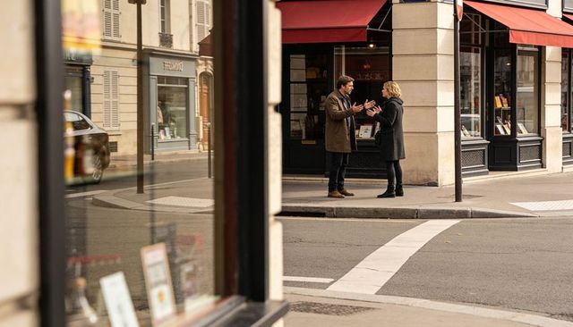 Couple talking on urban street corner with red awnings, storefront reflection, crosswalk