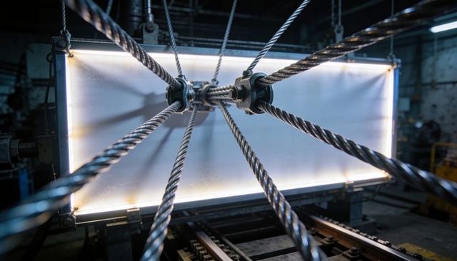 Industrial steel wire ropes converging on central hub with backlit panel, factory workshop