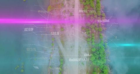 Drone capturing aerial sandbar through marsh with neon HUD futuristic data readouts