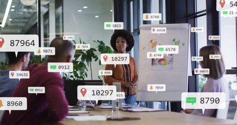 Business Presentation with Digital Data Overlays in Modern Office