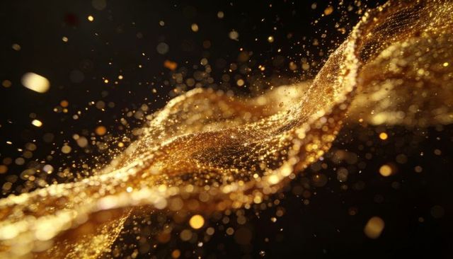 Flowing gold particle ribbon shimmering with glowing bokeh and metallic swirl