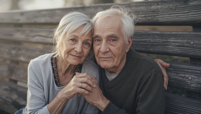 Senior couple holding hands on weathered wooden bench expressing companionship and warmth