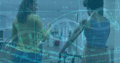 Researchers analyzing dna helix hologram in modern office