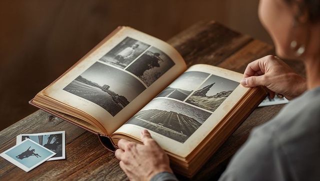 Woman flipping through vintage album showing monochrome prints and keepsakes