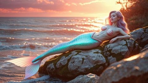 Mesmerizing mermaid with iridescent tail at sunset