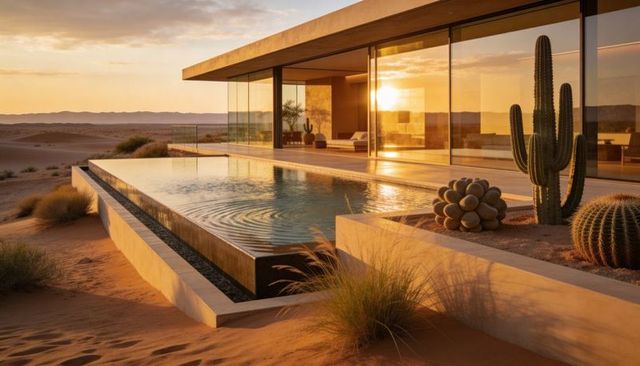 Minimalist desert villa with infinity pool at sunset, glass facade and cactus terrace