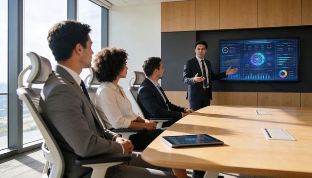Executive presenting data dashboard to team in modern boardroom for strategic planning