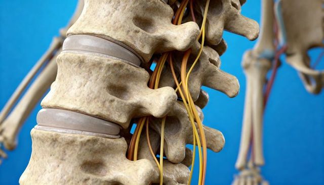 Detailed lumbar spine closeup showing vertebrae, intervertebral discs and nerve roots