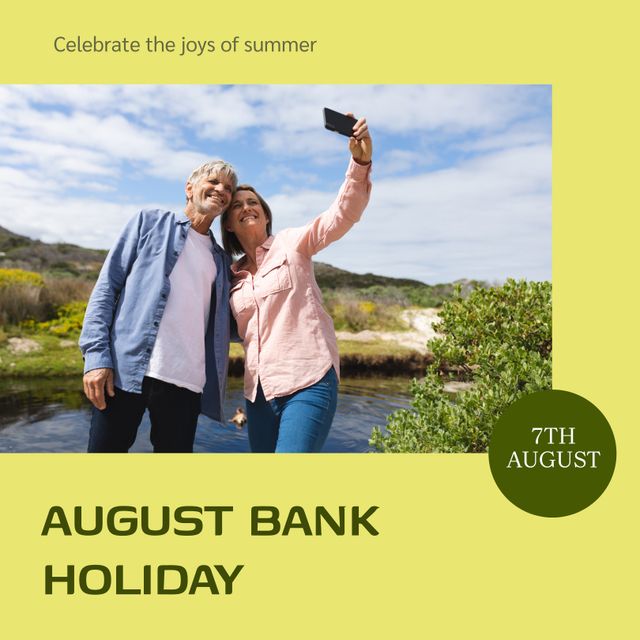 Composite of august bank holiday text over happy senior couple taking selfie in nature. August, summer and vacation concept digitally generated image.