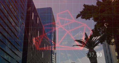 Digital Network Bear Plan Overlaying Urban Cityscape