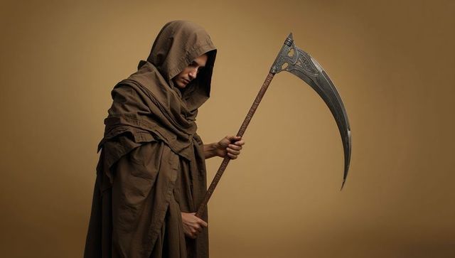 Medieval cloaked figure holding intricate scythe
