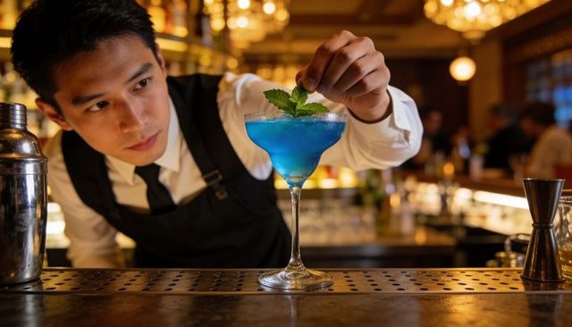 Mixologist garnishing blue cocktail with fresh mint in upscale bar lounge